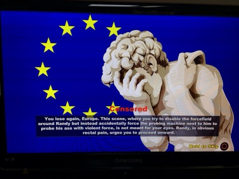 Perdiste de nuevo, Europa. En esta escena, trataste de desactivar el campo de fuerza alrededor de Randy, pero en lugar de eso, accidentalmente forzaste a la máquina de sondeo para sondear su culo con fuerza violenta. Lo que no deben ver. Randy, en obvio dolor rectal, insiste en que procedas adelante.